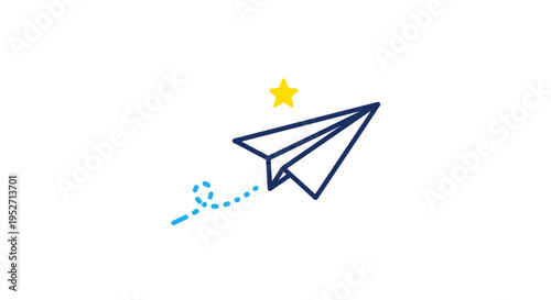Minimalist graphic of a paper airplane and star on a white background, concept illustration