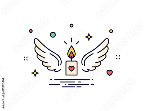 Remembrance tribute design featuring soft angel wings with a small candle flame centered between them, expressing memory, peace and quiet reflection. The