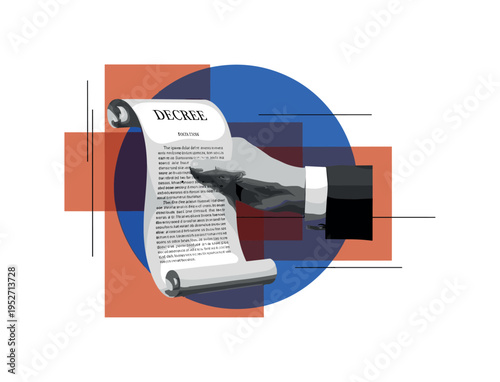 Black and white noble hand holding a scroll decree, large cobalt blue circular backdrop framing the gesture, terracotta abstract rectangles arranged like