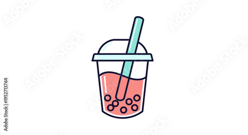Cartoon illustration of a refreshing bubble tea drink in a take-out style container