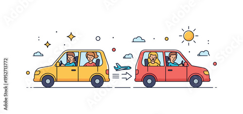 Friends switching drivers during a carpool on a sunny road, showing collaboration, trust, and enjoyable shared responsibilities in travel. Minimalist flat
