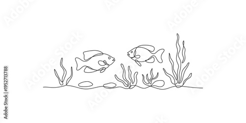 Continuous line drawing of two fish swimming near seaweed and rocks underwater ocean sea one