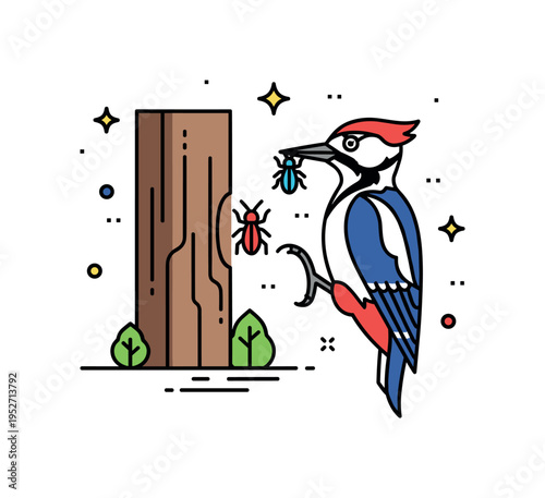 Woodpecker feeding behavior illustrated by the bird holding a small insect icon near the bark surface, expressing its role in forest pest control.