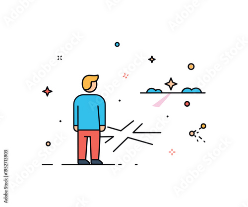 Life purpose discovery person standing at a crossroads with subtle glowing path leading toward a small star on the horizon, expressing clarity and direction. A