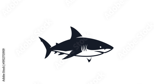 Minimalist monochrome illustration of a shark silhouette against a stark white backdrop