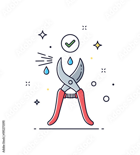 Sanitizing pruning tools concept illustrated by open shears with small droplets and a checkmark symbol above, highlighting hygiene and plant health. The