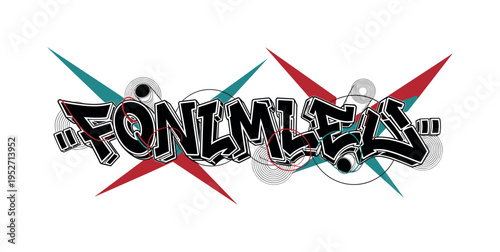 Black and white graffiti lettering stretched horizontally across composition, concentric rings and cylindrical forms integrated subtly, deep red and teal flat