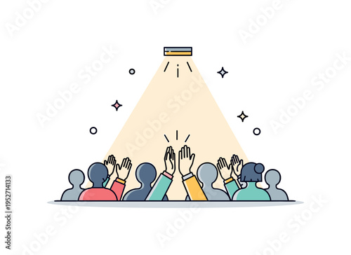 Standing ovation concept featuring simplified audience silhouettes with hands clapping beneath a soft spotlight beam. The composition conveys admiration,