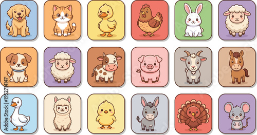Large Cute Farm Animal and Pet Icon Set Featuring Dog, Cat, Cow, Pig, Sheep, Horse, and Bird Characters for Kids Education and Stickers