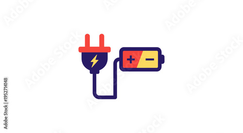 Iconic depiction of charging and power with plug and battery showing current state