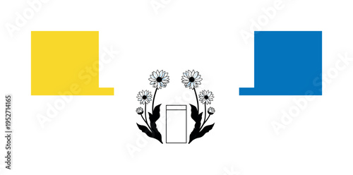 Black and white symmetrical arrangement of flowers growing from both sides of a centered package, concentric circles radiating gently behind, bright yellow and