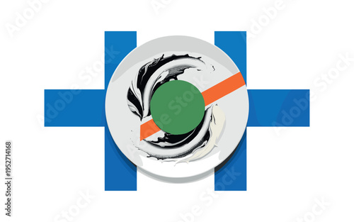 Black and white splash of puree spread artistically across plate surface, oversized forest green circular core anchoring design, cobalt blue rectangular shapes