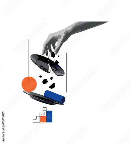 A monochrome realistic hand dropping a shattered black ceramic plate mid-air, fragments frozen in motion, flat orange circle and deep blue cylinder balancing