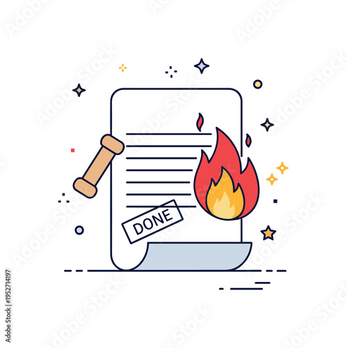 Irreversible decision paper document marked with a subtle stamp Done while flames carefully consume one side. A concise visual metaphor for commitment and
