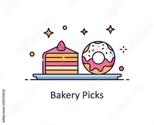 Pastry shop display illustrated through a small tray holding layered cake slice and donut icon side by side. A short ?Bakery Picks? text accent reinforces