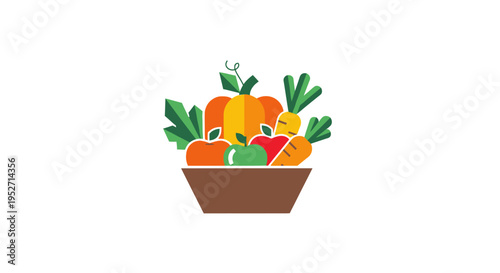 A vibrant illustration of a bountiful harvest featuring fruits and vegetables in a basket