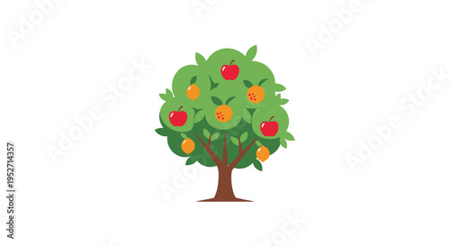 A vibrant illustration of a fruit-laden tree with apples and citrus fruits isolated on white