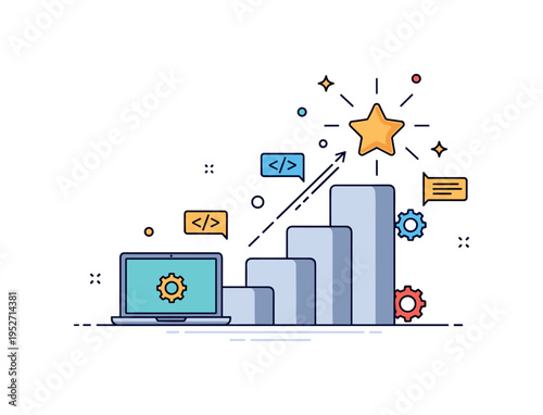 Tech career growth path with a laptop at the base of ascending steps leading toward a glowing star symbolizing ambition and long term success in digital