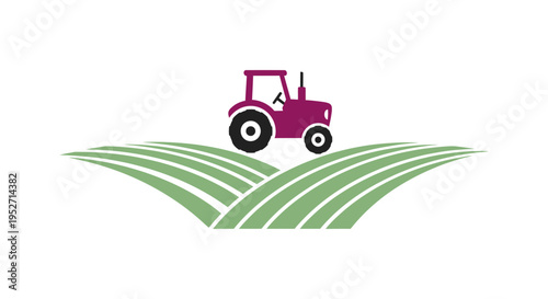 Abstract illustration of a purple tractor on green fields showcasing agricultural work
