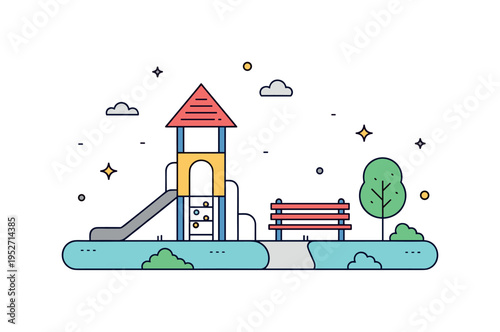 Community park gathering scene featuring a compact play structure with a bench and tiny tree accent, symbolizing social interaction and shared public space.