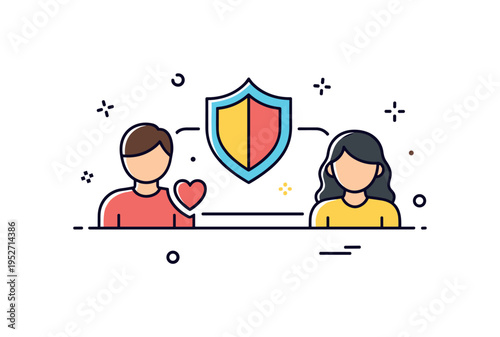 Anti bullying awareness theme represented by two simplified figures connected by a supportive shield icon, highlighting empathy, protection, and positive