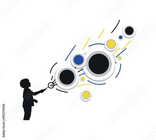 A monochrome child silhouette holding a bubble wand, oversized geometric circles floating upward as stylized bubbles, thin linear elements suggesting light