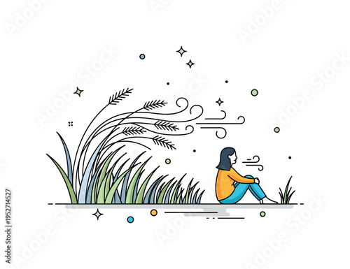 Nature breeze sensory experience shown by tall grass gently curving in the wind with a small seated silhouette nearby, emphasizing stillness and the feeling of