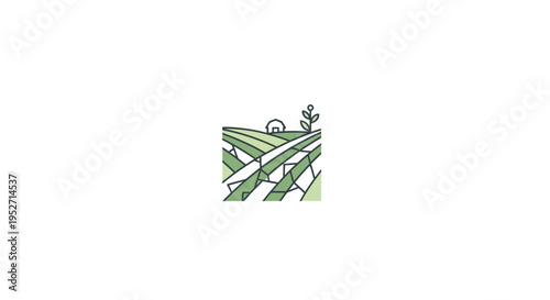 Minimalist geometric illustration of a farm with fields, a house and plant in green tones