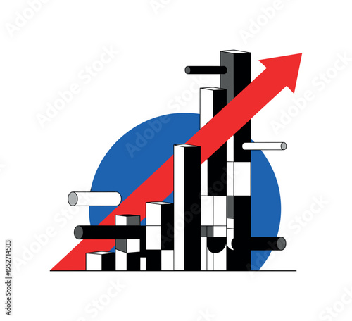 Black and white upward bar chart constructed from geometric blocks, bold cobalt blue semicircle behind the tallest bar, red diagonal stripe slicing across to