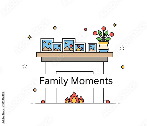 Fireplace mantel family photo display concept with a simple mantel shelf holding small framed picture icons and a decorative plant, symbolizing memories and