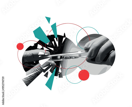 Black and white close-up of gloved hands holding a test tube with genetic sample, fragmented geometric shards and circular halos suggesting discovery, flat