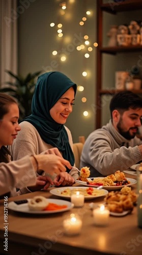 Smiling family and friends enjoy a festive dinner together with warm candlelight.