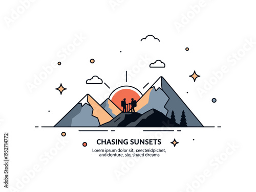 Mountain sunset view portraying two small silhouettes standing at a ridge edge as the sun lowers behind simple peaks. A short ?Chasing Sunsets? text detail and