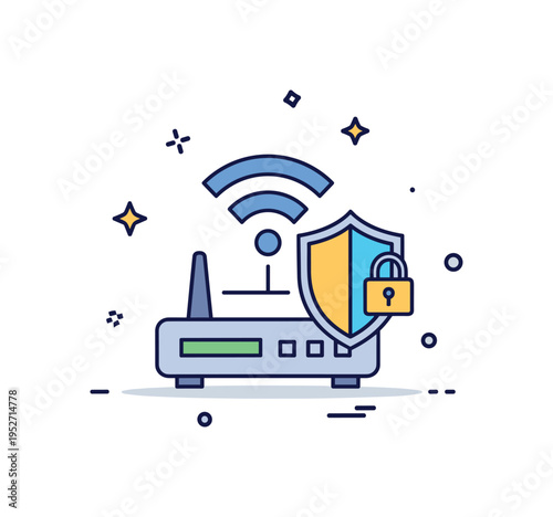 Secure WiFi network icon built around a simple router combined with a small shield and lock symbol, symbolizing protection, privacy, and safe browsing. A clear