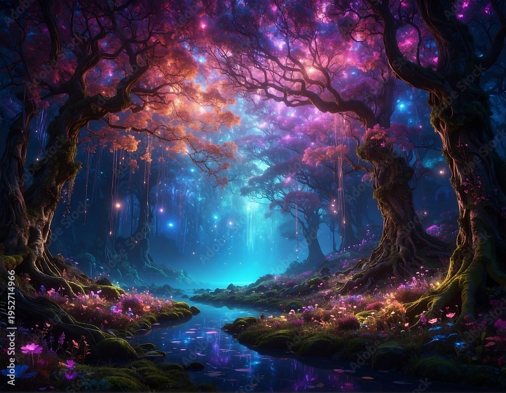 Obraz premium Enchanting, colorful forest with glowing trees, a stream, and vibrant flowers