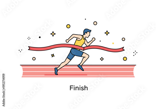Track and field sprint scene centered around a sprinter crossing a finish line ribbon symbolizing victory, peak performance, and goal achievement. Small star