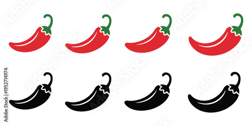 Chili pepper icon set, black vector silhouette illustrations on white background, stylish and versatile design for food industry use, restaurant menus, kitchen graphics, recipe books and culinary bran