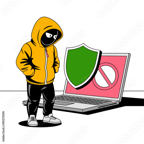 A cartoon hacker in a yellow hoodie stands next to a laptop with a green shield and a red prohibition sign