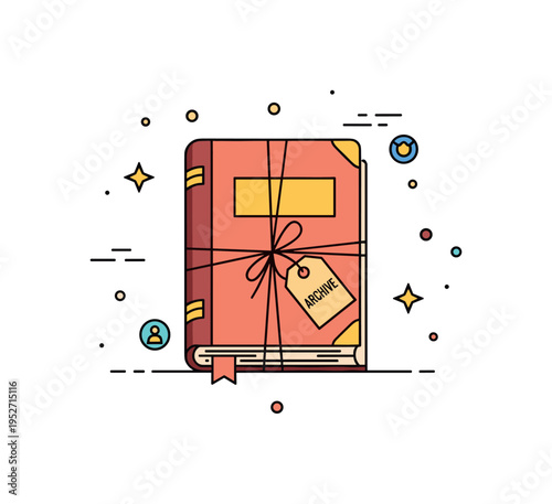 Literary heritage and preservation theme illustrated with a single old book wrapped carefully with a ribbon and small archive tag, expressing respect for