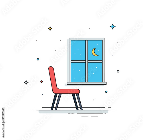 Empty room feeling single chair positioned near a window with a small crescent moon outside, conveying silence and introspection. A calm yet poignant visual