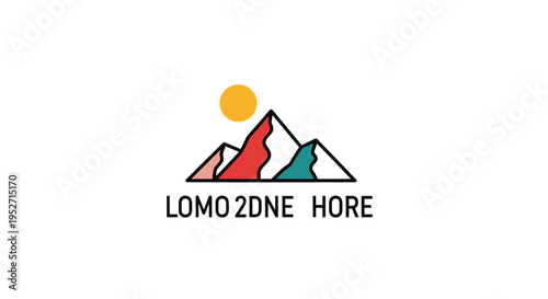 Minimalist mountain logo design with vibrant colors, simple shapes, and sun element design