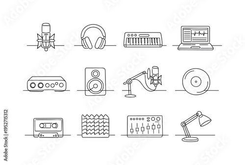 Independent Home Music Studio Setup. Minimalistic set one-line drawing [studio microphone, headphones, MIDI keyboard, laptop with music software, audio