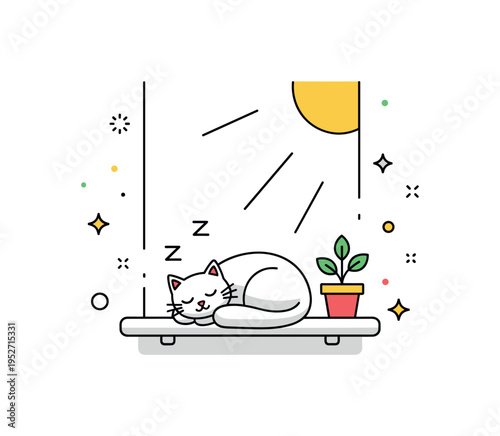 Sleeping cat in sunlight curled cat resting on a simple windowsill with gentle sun rays and a tiny potted plant nearby, expressing warmth and domestic calm. A