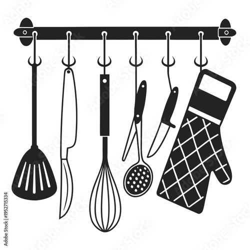 Kitchen utensils hanging on a rack. a spatula, knife, whisk, skimmer, kitchen knife, and oven mitt. black and white