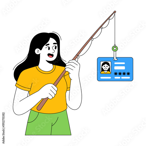 A cartoon woman fishing for an identification card with a fishing rod