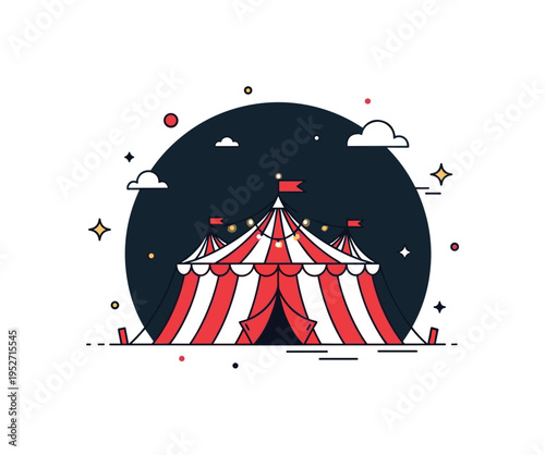 Evening circus lights theme centered on a tent glowing with subtle warm bulb accents and a dark circular backdrop, symbolizing warmth and spectacle after