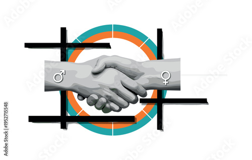 Black and white handshake between vendor and customer in front of abstract stall backdrop, bold orange semicircle emphasizing agreement moment, blue