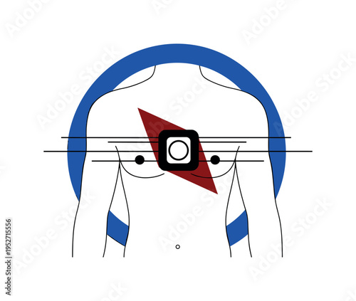Black and white chest patch sensor simplified into geometric form placed on torso silhouette, bold cobalt blue circle framing upper body, deep red angular