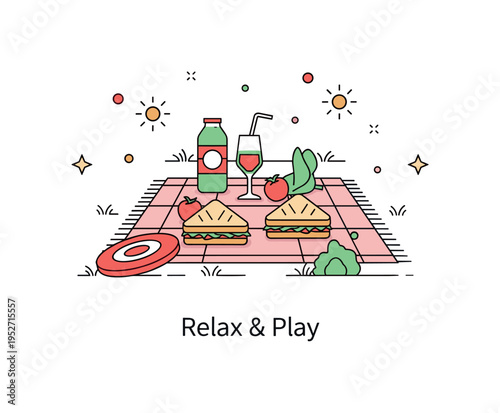 Outdoor picnic scene featuring a compact blanket with sandwiches and drinks, a frisbee nearby and gentle sunlight accents. Tiny decorative dots and a concise