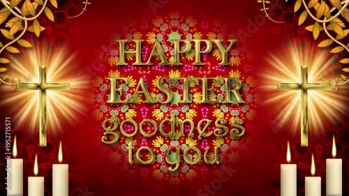 The elegant religious greeting stands out against the intricate red mandala. Two brightly glowing golden crosses and burning candles frame the message.